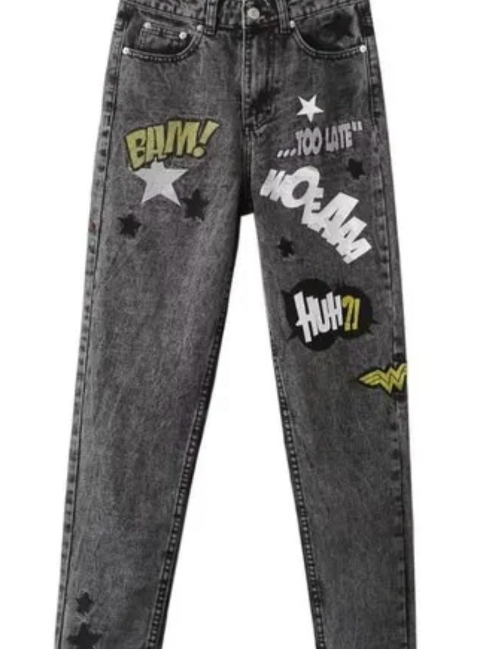 Zara Wonder Woman Grey Wash Jeans with Comic Patches